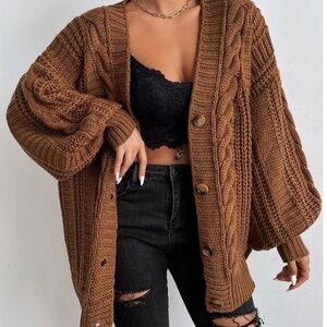 Medium Coffee Brown Bishop Sleeve Button Up Cardigan - SHEIN